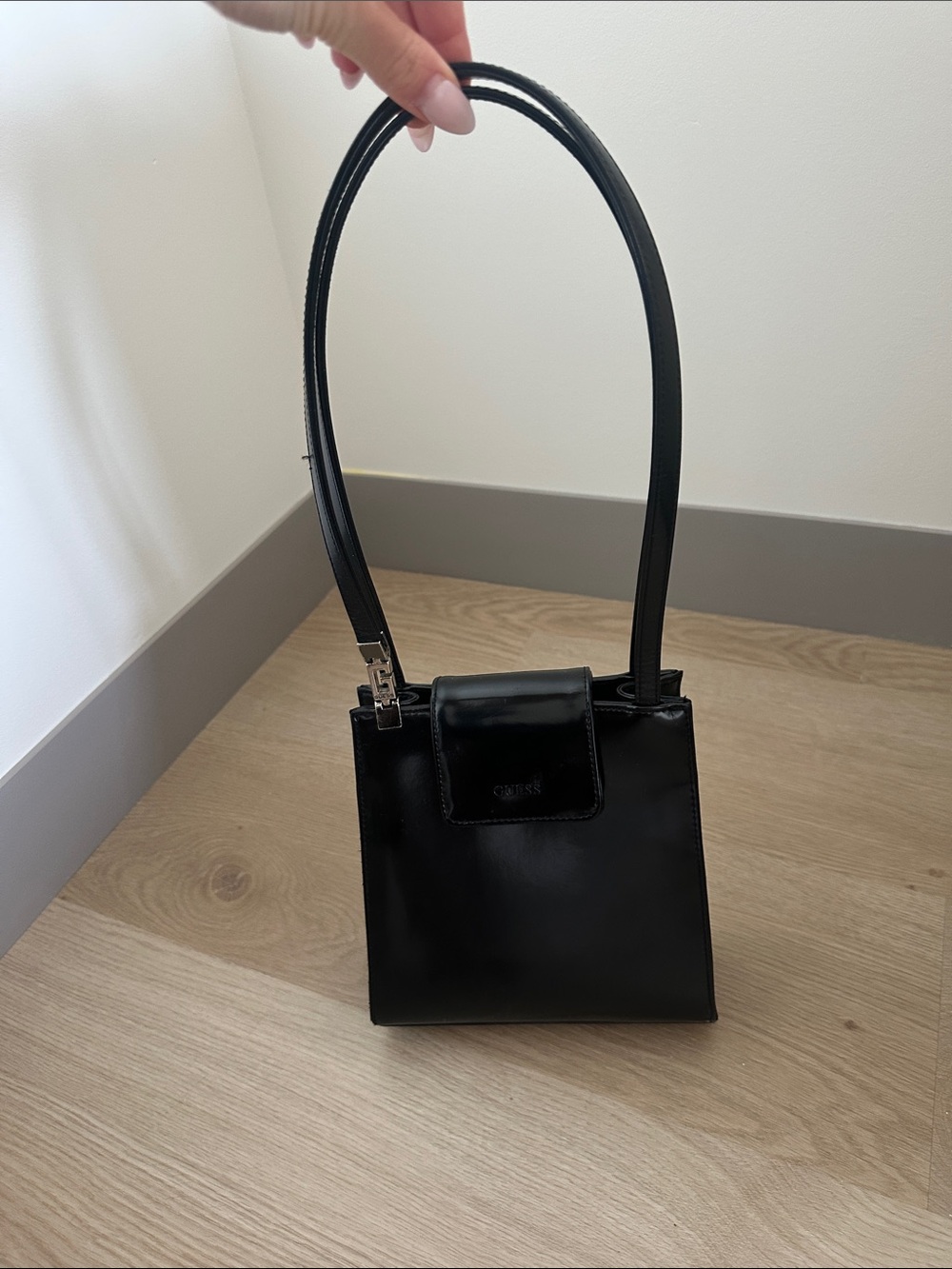 GUESS Black Patent Mini Top-Handle Shoulder Bag